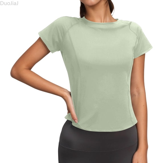 DuoJiaJ Womens Workout Top, Slim Fit Crew Neck Short Sleeve Activewear Green L