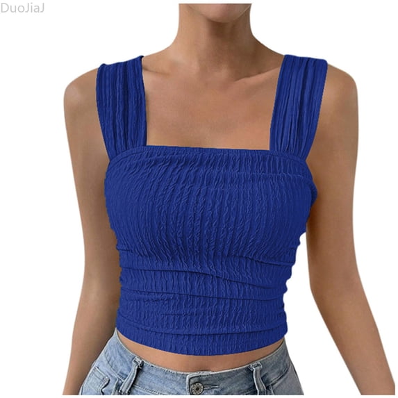 DuoJiaJ Womens Y2K Crop Top, Square Neck Sleeveless Solid Color Vest Blue S