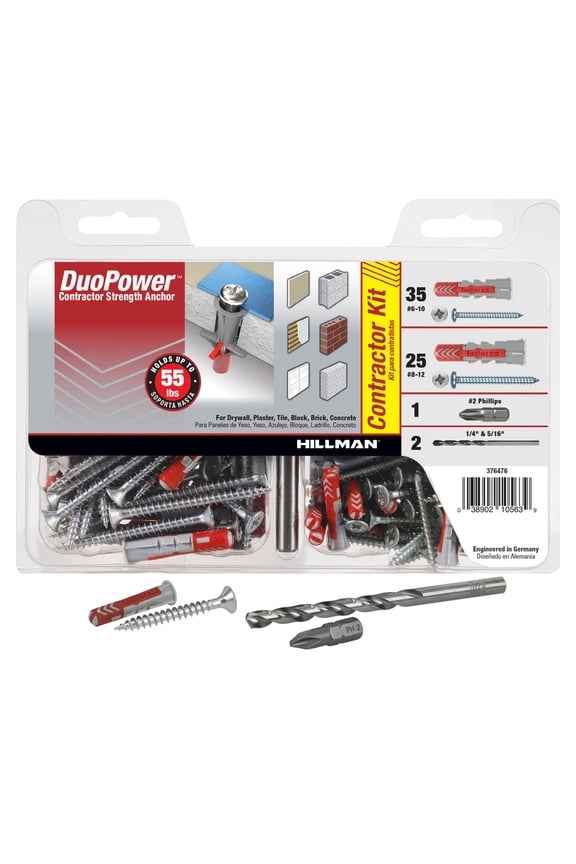 DuoPower Contractor-Strength Nylon Anchor Kit, #6-10 & #8-12, Nylon, 55 lb., Red, 60 pack