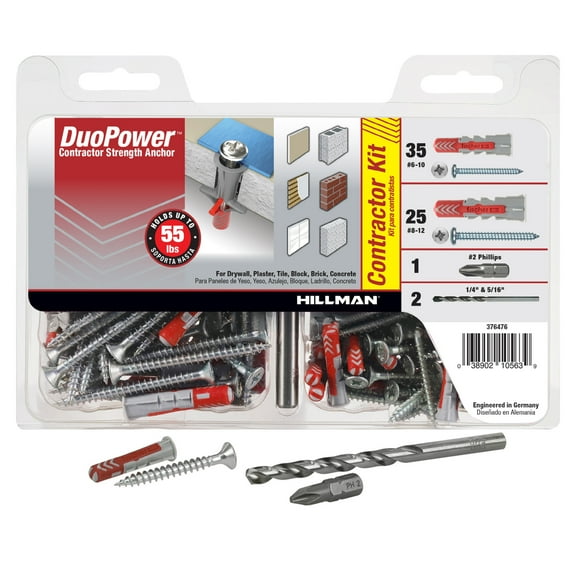 DuoPower Contractor-Strength Nylon Anchor Kit, #6-10 & #8-12, Nylon, 55 lb., Red, 60 pack