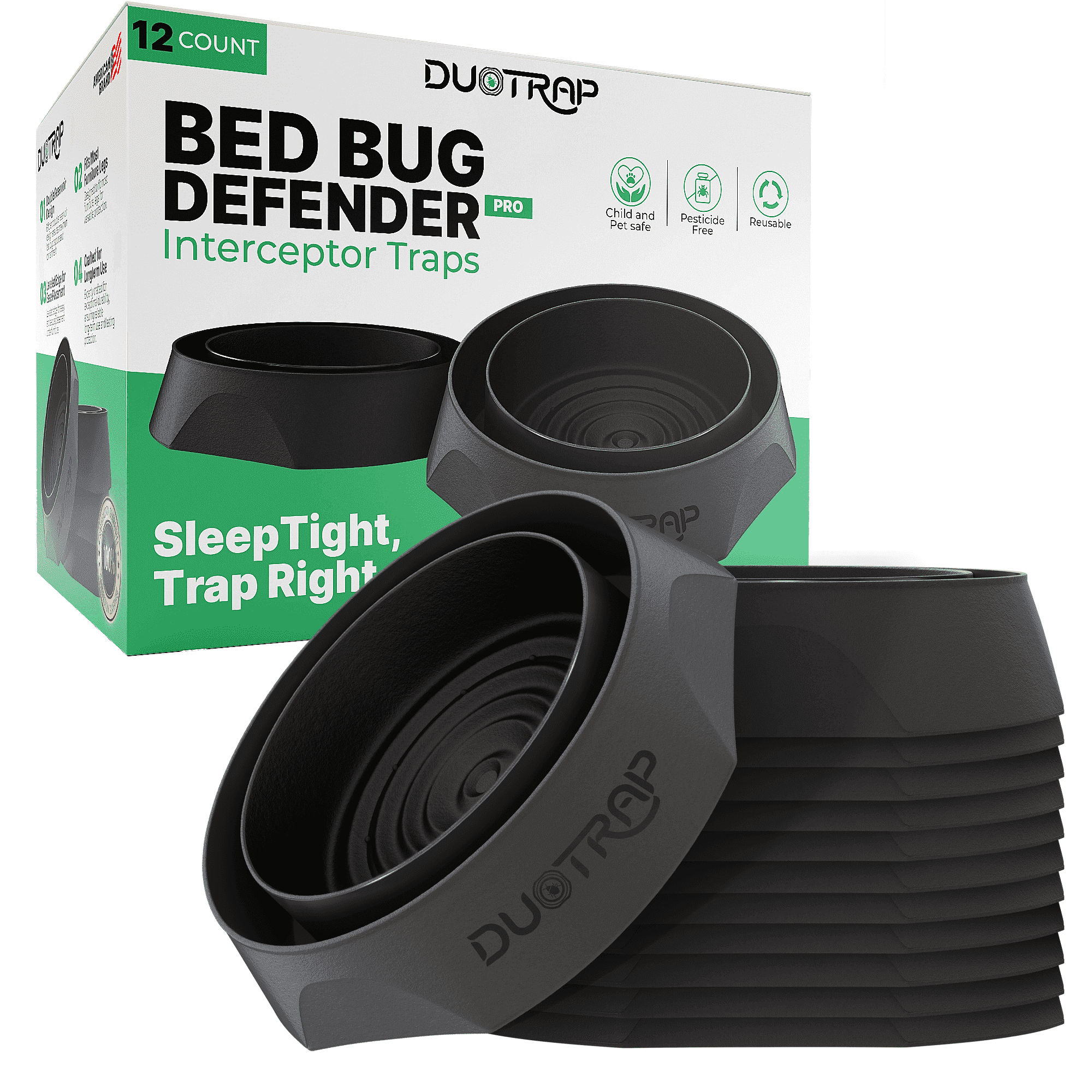 DuoTrap Bed Bug Defender Pro - 12 Pack Bed Bug Interceptors, Indoor Bed Bug Trap, Bed Bug Interceptor