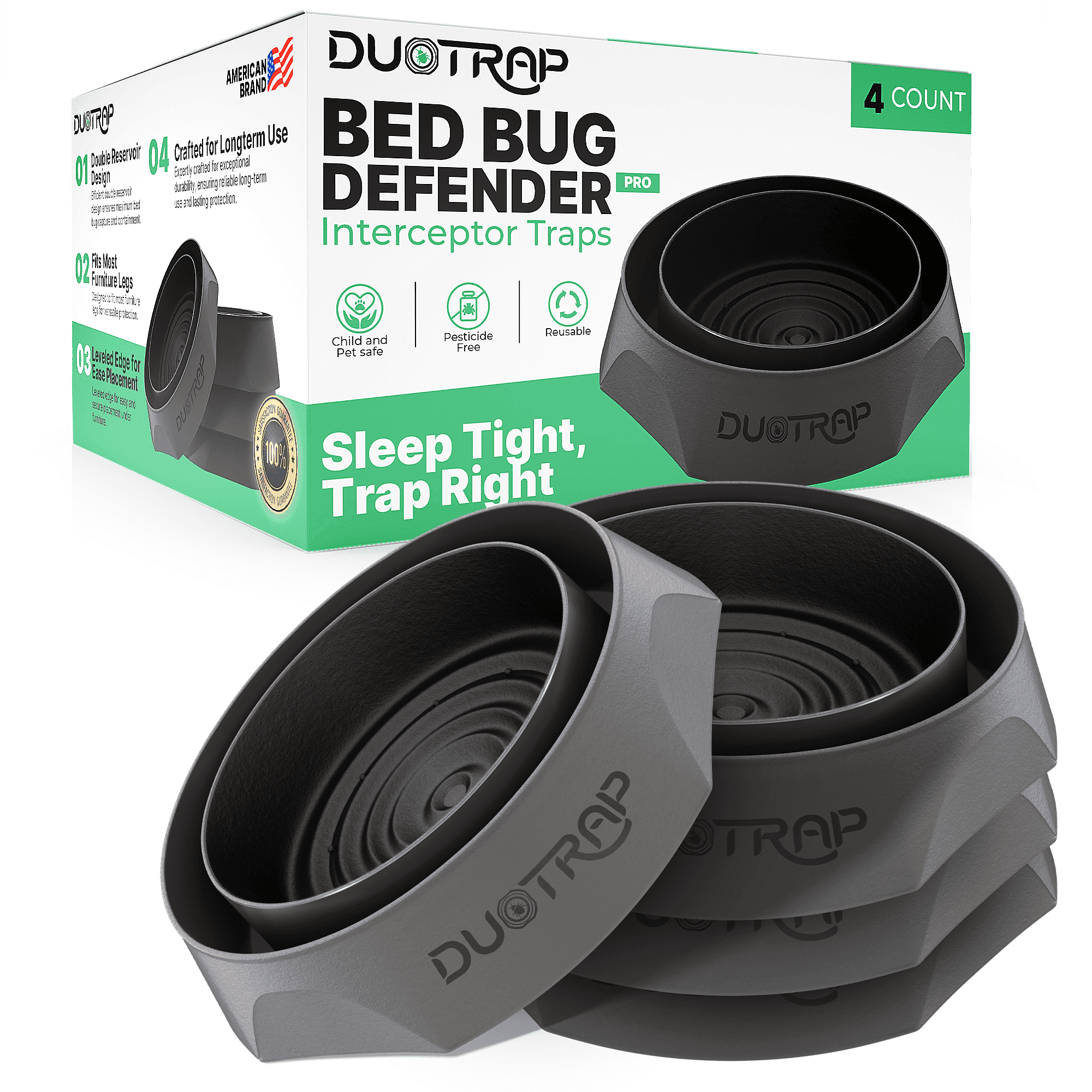 DuoTrap Bed Bug Defender Pro - 4 Pack Bed Bug Interceptors, Indoor Bed Bug Trap, Bed Bug Interceptor