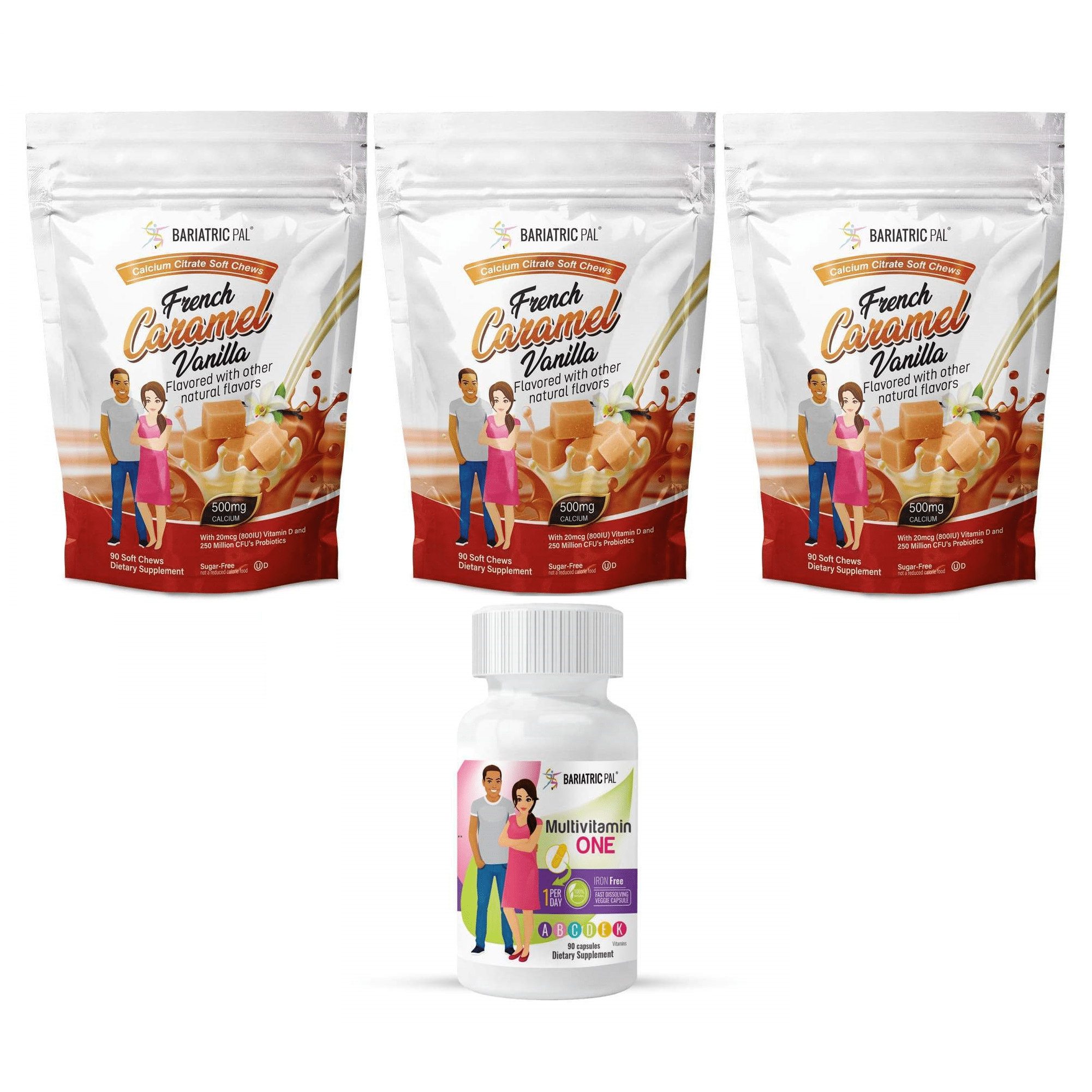 Duodenal Switch Vitamin Pack - Capsules Size: 3-Month Supply, BariatricPal Multivitamin ONE: Capsule - Iron Free, BariatricPal Calcium Citrate Soft Chews: French Caramel Vanilla