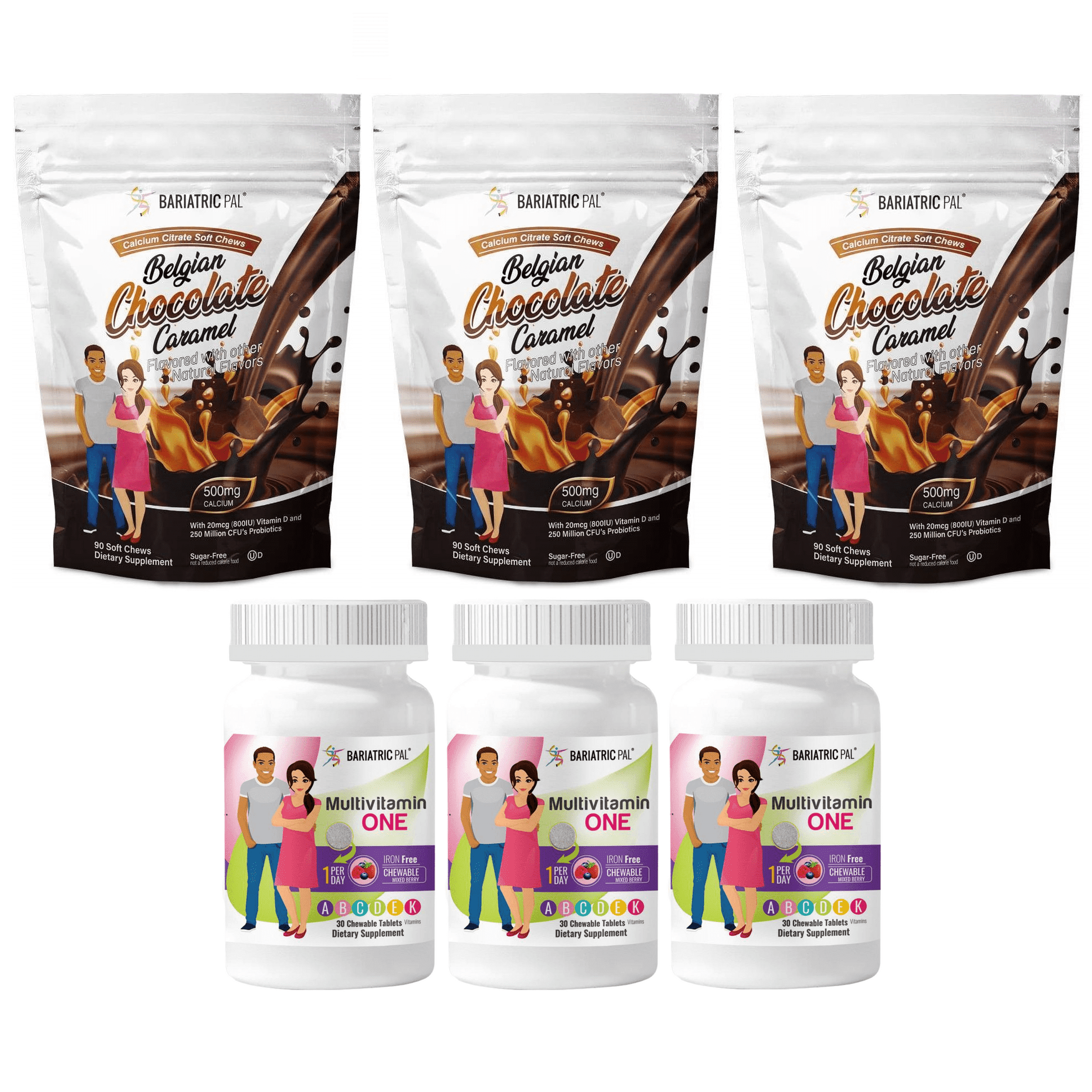 Duodenal Switch Vitamin Pack - Chewables Size: 3-Month Supply, BariatricPal Multivitamin ONE: Mixed Berry Chewable - Iron Free, BariatricPal Calcium Citrate Soft Chews: Belgian Chocolate Caramel