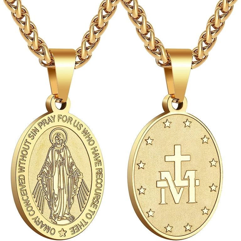 Duodiner Gold 24in Virgin Mary Necklace for Men Miraculous Medal