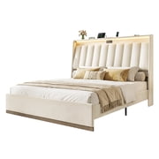 Duoem Platform Bedstead, Queen Size Bed Frame, Upholstered Bed Frame with RGB LED Lighting, Charging Station, Storage Space, No Mattress, 220cmx160cmx130cm