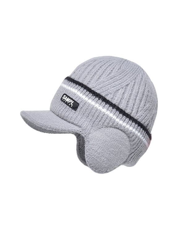 Baseball Cap Hats for Women Men Winter Hat Lined Cuff Knit Hats with Visor Warm Earflaps Ski Cap Hats for Men Grey