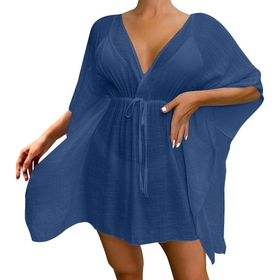 Duoif Bathing Suit Cover up for Women, Women's Loose Shoulder Beach Cover Solid Color Sun Shirt Waist Cinching Strap Bikini Cover Bikini Cover up Blue A