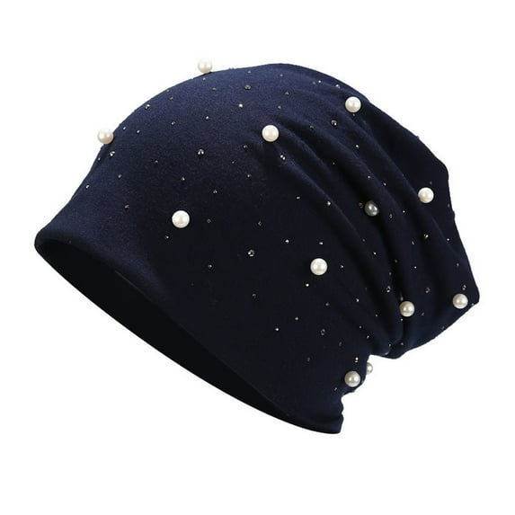 Duoif Beanies Hats Men Scarf Cap Color Wrap Hat Headgear Women Stretch Head Fashion Pearl Baseball Caps Wool Beanie Winter Hats for Women Navy