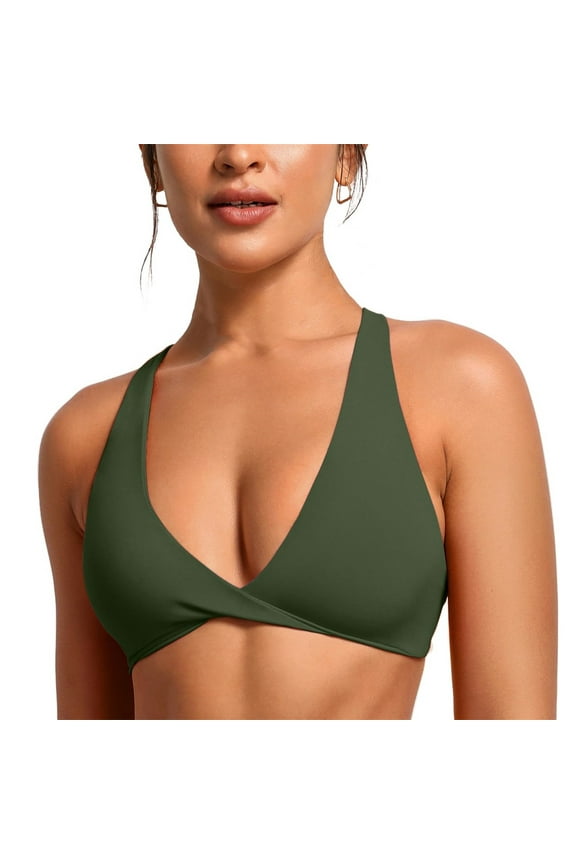 Bikini Top Womens Butterluxe Front Sports Bra Deep V Neck Crop Top Strappy Back Bra with Nipple Bra Swimsuit Tops for Women Army Green M