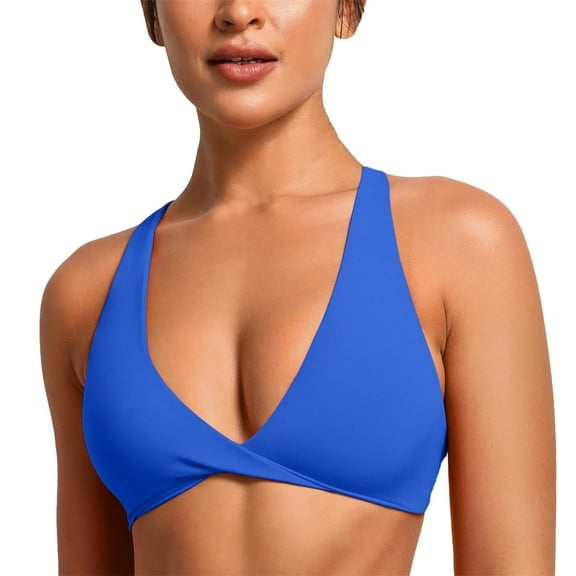 Duoif Bikini Top Womens Butterluxe Front Sports Bra Deep V Neck Crop Top Strappy Back Bra with Nipple Bra Swimsuit Tops for Women Blue M