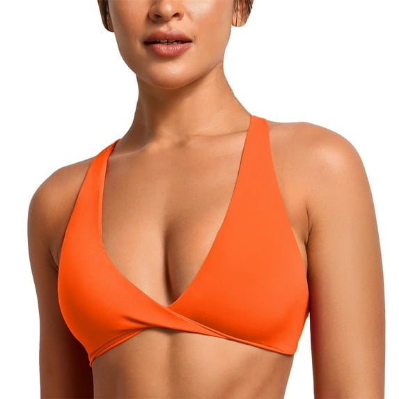 Duoif Bikini Top Womens Butterluxe Front Sports Bra Deep V Neck Crop Top Strappy Back Bra with Nipple Bra Swimsuit Tops for Women Orange L