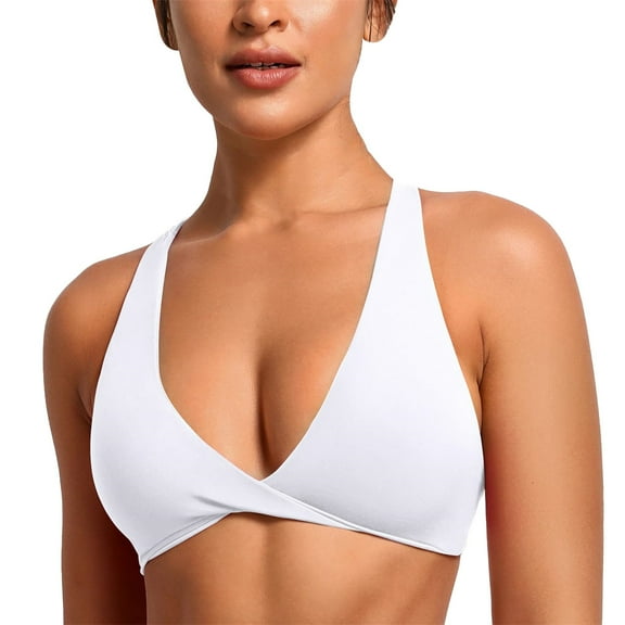 Duoif Bikini Top Womens Butterluxe Front Sports Bra Deep V Neck Crop Top Strappy Back Bra with Nipple Bra Swimsuit Tops for Women White M