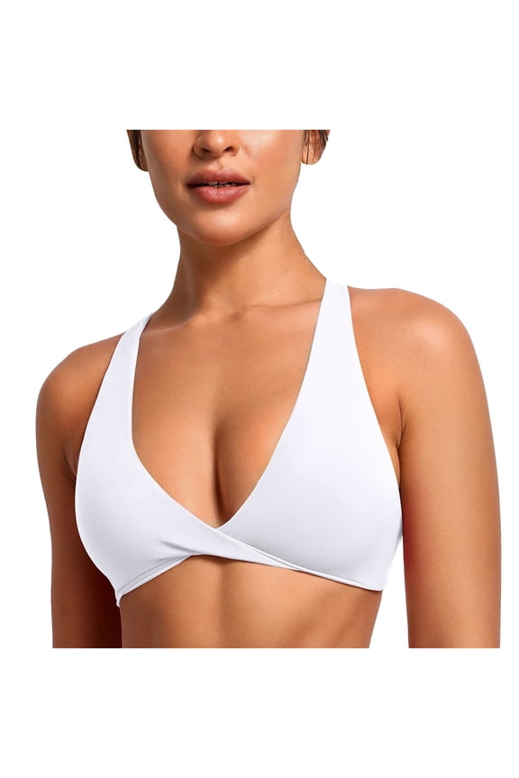 Bikini Top Womens Butterluxe Front Sports Bra Deep V Neck Crop Top Strappy Back Bra with Nipple Bra Swimsuit Tops for Women White XL
