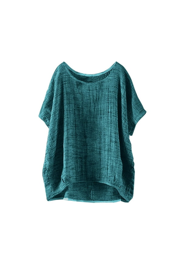 Blouses for Women Dressy Casual Shirts for Women, Women's Summer Short Sleeve Solid Casual Loose Linen Top Womens Tops Blue XXXL