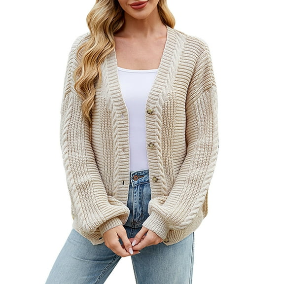 Duoif Cardigan Sweaters for Women Ladies' Lazy Style Loose Autumn and Winter Long Sleeved V Neck Flower Sweater Knitted Cardigan Jacket Womens Sweaters Beige L