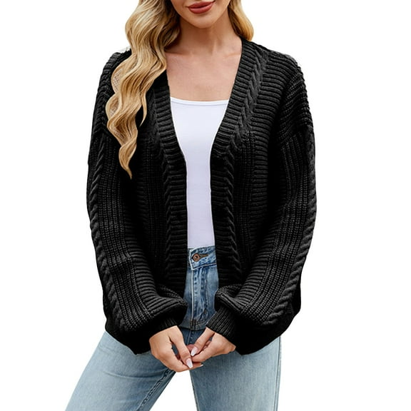 Duoif Cardigan Sweaters for Women Ladies' Lazy Style Loose Autumn and Winter Long Sleeved V Neck Flower Sweater Knitted Cardigan Jacket Womens Sweaters Black M