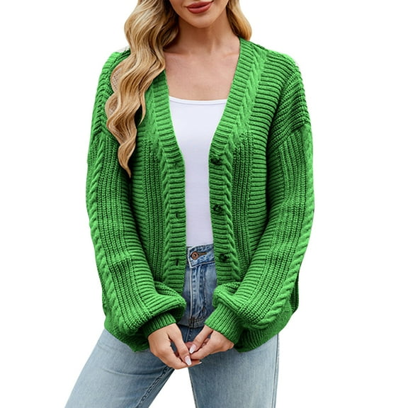 Duoif Cardigan Sweaters for Women Ladies' Lazy Style Loose Autumn and Winter Long Sleeved V Neck Flower Sweater Knitted Cardigan Jacket Womens Sweaters Green S