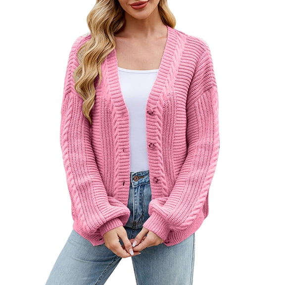 Duoif Cardigan Sweaters for Women Ladies' Lazy Style Loose Autumn and Winter Long Sleeved V Neck Flower Sweater Knitted Cardigan Jacket Womens Sweaters Pink S