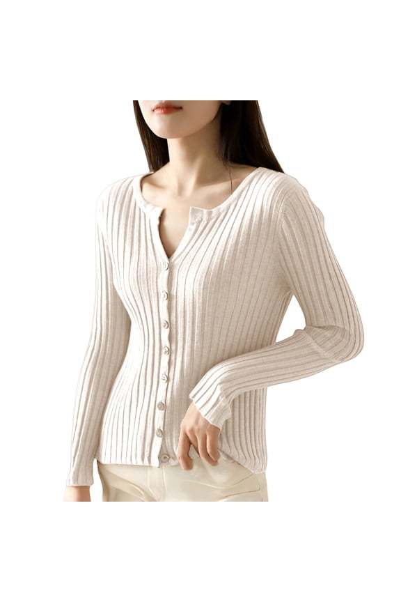 Cardigan Sweaters for Women Short Outside with Loose Long Sleeved Round Neck Sweater Knit Sweater Solid Color Cardigan Coat Blouse Woman Womens Sweaters Beige L
