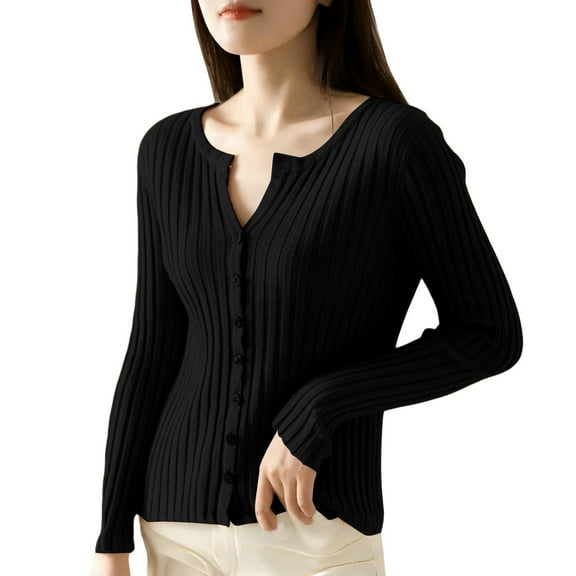 Duoif Cardigan Sweaters for Women Short Outside with Loose Long Sleeved Round Neck Sweater Knit Sweater Solid Color Cardigan Coat Blouse Woman Womens Sweaters Black S