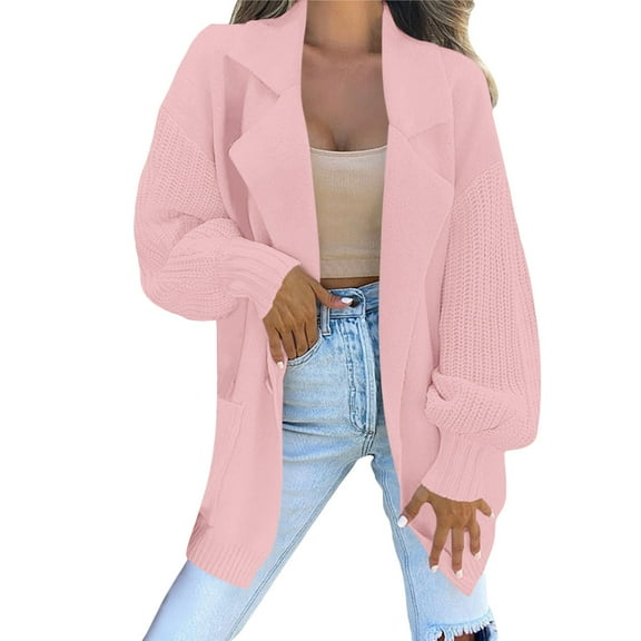 Duoif Cardigan Sweaters for Women, Women's Long Sleeve Collared Jacket Open Front Knit Cardigan Sweaters Oversized Coat with Pockets Womens Sweaters Pink XL