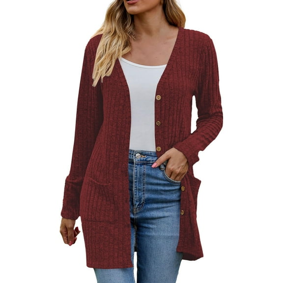 Duoif Cardigan Sweaters for Women, Women's Long Sleeve Open Front Cardigans Button down V Neck Lightweight Outwear Jumpers with Pockets S XXL Womens Sweaters Brick Red L