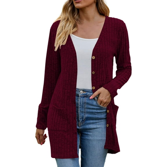 Duoif Cardigan Sweaters for Women, Women's Long Sleeve Open Front Cardigans Button down V Neck Lightweight Outwear Jumpers with Pockets S XXL Womens Sweaters Wine M