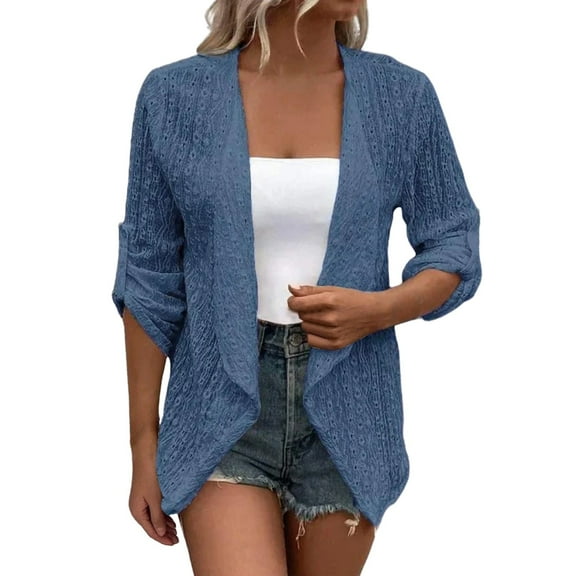 Duoif Cardigan Sweaters for Women Lightweight Spring Cardigan Mid Sleeve Coat Oversized Open Front Weave Cardigan Womens Sweaters Navy M
