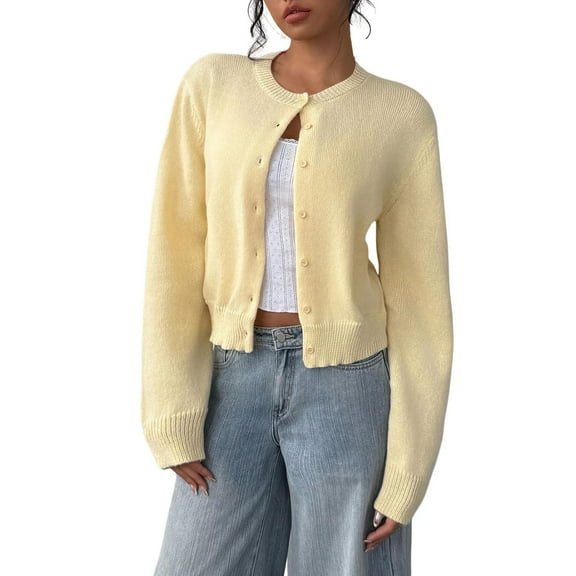 Duoif Cardigan Sweaters for Women, Women's Button down Long Sleeve Crewneck Crop Cardigan Sweater Cute Knitwear Clothes Womens Sweaters Yellow L