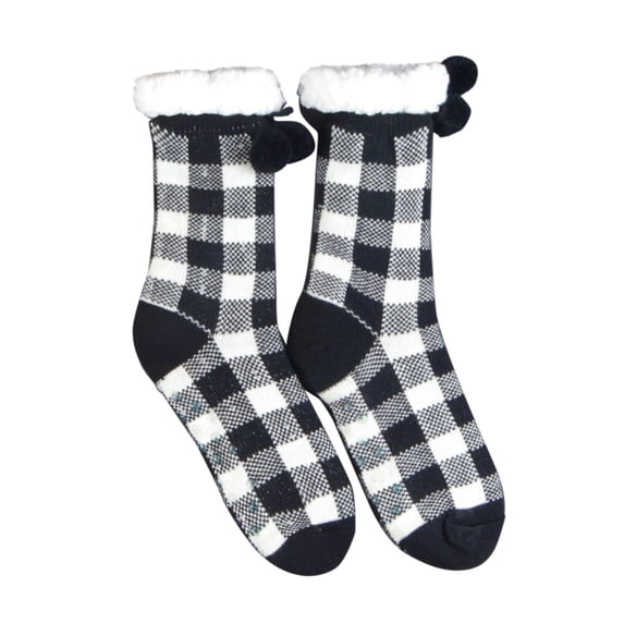 Duoif Christmas Socks for Women Autumn Winter Christmas Black Red Plaid Pattern Plush Insulation Anti Slip Floor Socks Mens Socks Black