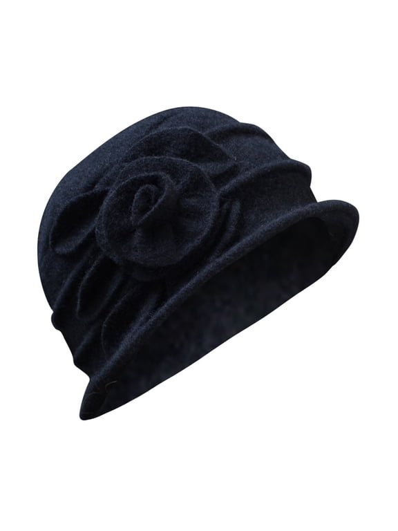 Cloche Hats for Women Elegant Bucket Women's Cloche Ladies Hat Cap Wool Winter Vintage Flower Caps Felt Hats for Women Black