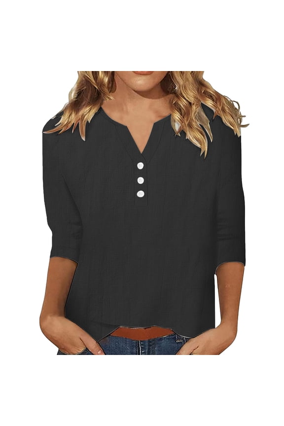 Cotton Linen Shirts for Women, Women's 3/4 Sleeve Blouses Led Top T Shirt Solid Color Comfy Tops 2025 Spring Casual Tunic Top Womens Summer Tops Black XXL