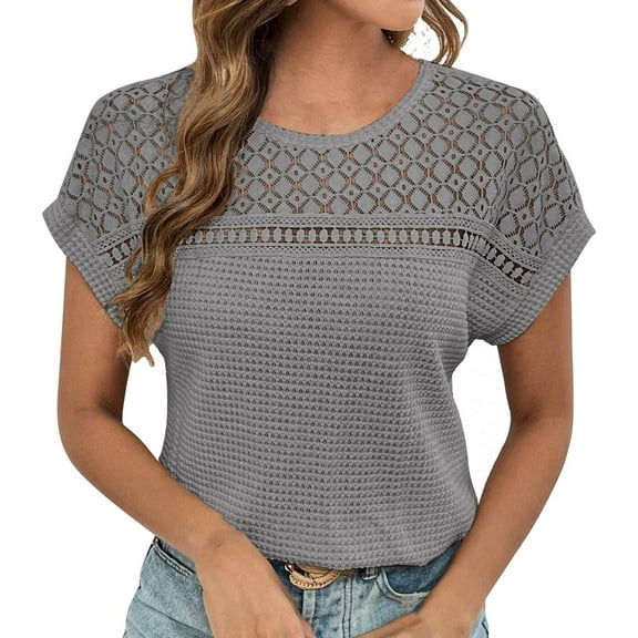 Duoif Dress Shirts for Women, Women's 2025 Summer Short Sleeved New Top Mesh Hollow Breathable Versatile Short Sleeved T Shirt Womens Tops Grey XL