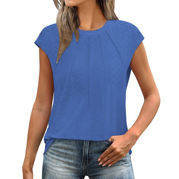 Duoif Dress Shirts for Women, Womens T Shirts Short Sleeve Pleated Casual Cap Sleeve Summer Tops Blouses Womens Tops Blue S