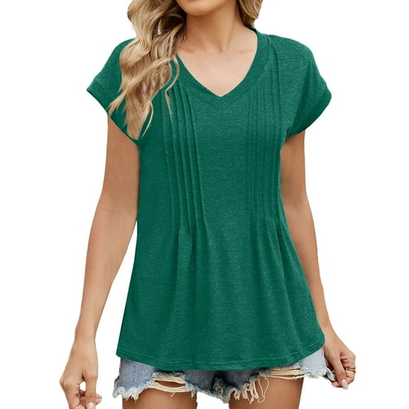 Duoif Dress Shirts for Women, Womens Tops Casual Summer Sleeve T Shirts Trendy Ruffle Short Sleeve Loose V Neck Tunic Tops Womens Tops Green S
