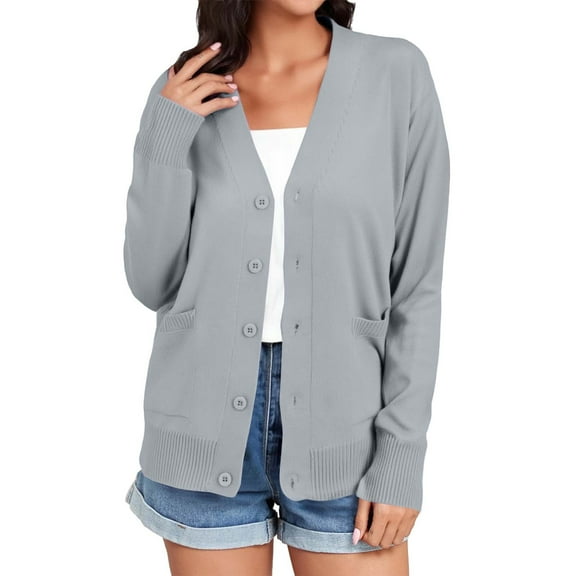 Duoif Fall Cardigans for Women, Women's Lightweight Button up Cardigan Long Sleeved Classic V Neck Knitted Soft Pocket Warm Top Womens Cardigan Grey1 2XL/3XL