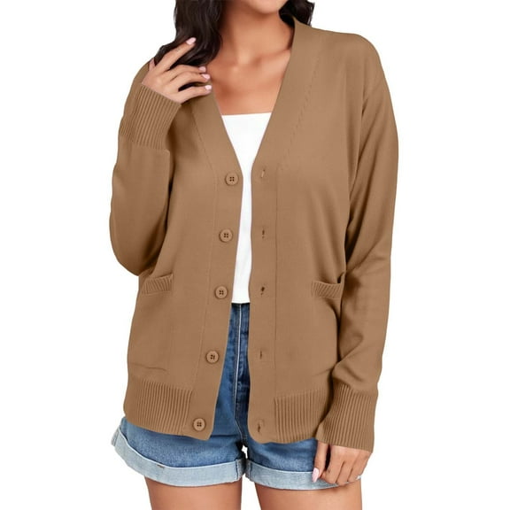 Duoif Fall Cardigans for Women, Women's Lightweight Button up Cardigan Long Sleeved Classic V Neck Knitted Soft Pocket Warm Top Womens Cardigan Khaki S/M
