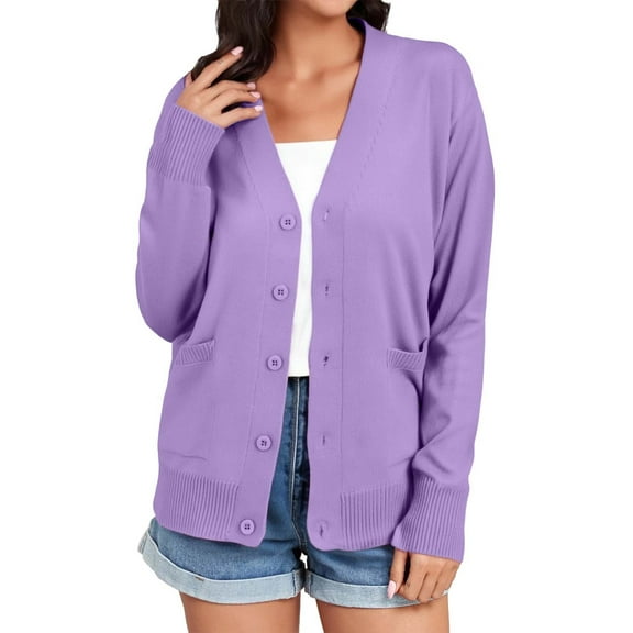 Duoif Fall Cardigans for Women, Women's Lightweight Button up Cardigan Long Sleeved Classic V Neck Knitted Soft Pocket Warm Top Womens Cardigan Purple L/XL
