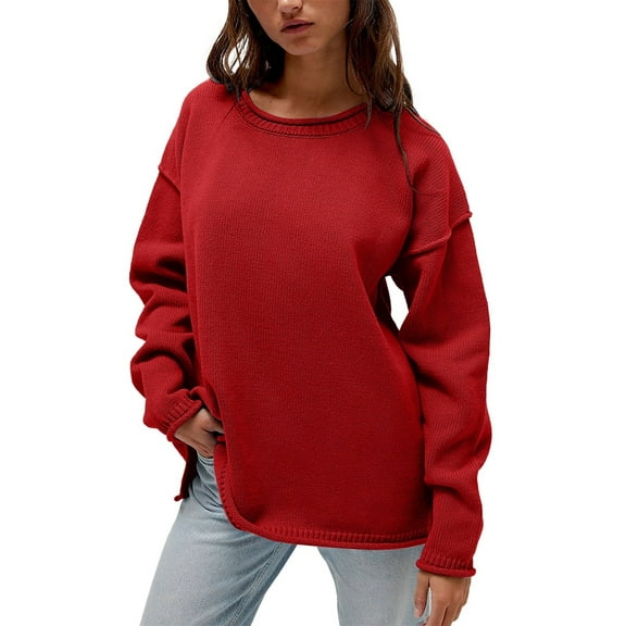 Duoif Fall Sweaters, Women's Autumn & Winter Knitted Sweater - Casual Loose Outerwear Sweaters for Women Red S