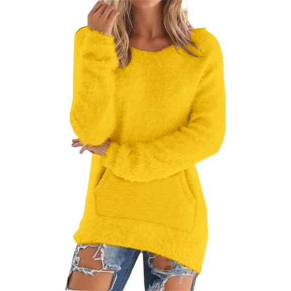Duoif Fall Sweaters, Women's Casual Jumper - Solid Long Sleeve Blouse Sweaters for Women Yellow XXXXL