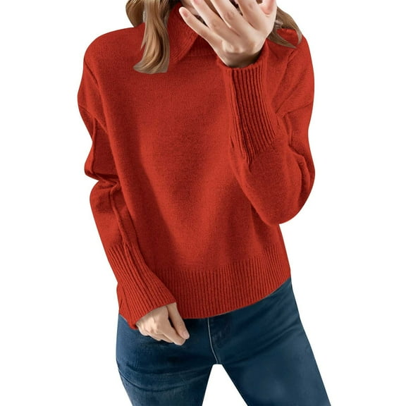 Duoif Fall Sweaters, Women's Loose Pullover Sweater - Solid Color Base Layer Sweaters for Women Red S