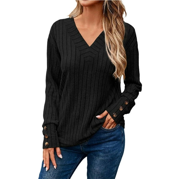 Duoif Fall Sweaters Women's Soft V-Neck Shirt - Decorative Buttons Knitted Top Sweaters for Women Black S