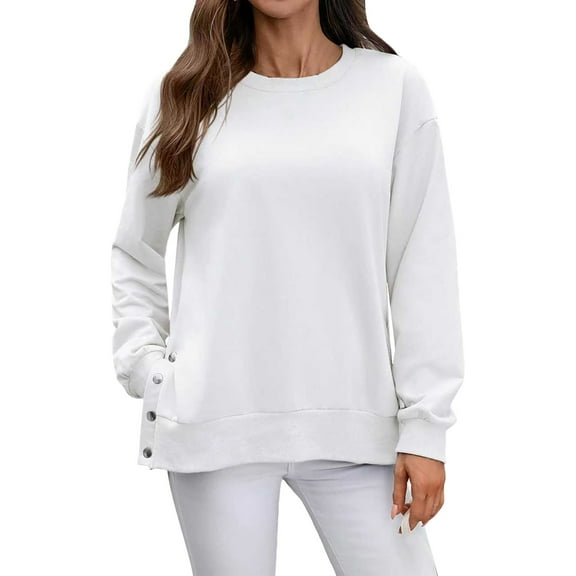 Duoif Fall Sweatshirts for Women Ladies' Solid Color Sweatshirt - Round Neck with Shoulder Button Womens Sweatshirt White XXL