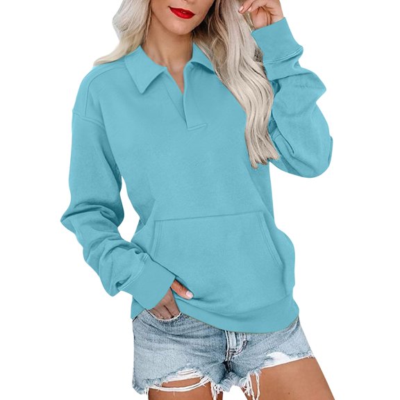 Duoif Fall Sweatshirts for Women Plus Size V-Neck Sweatshirt - 2025 Fall Trendy Pullover Womens Sweatshirt Light Blue XXXL