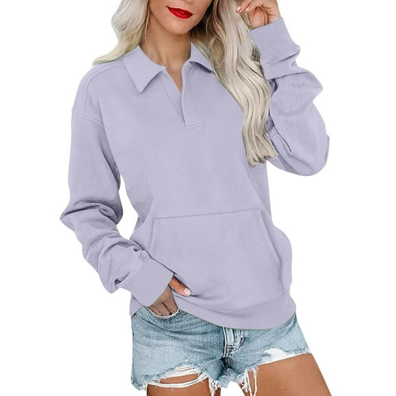 Duoif Fall Sweatshirts for Women Plus Size V-Neck Sweatshirt - 2025 Fall Trendy Pullover Womens Sweatshirt Light Violet S