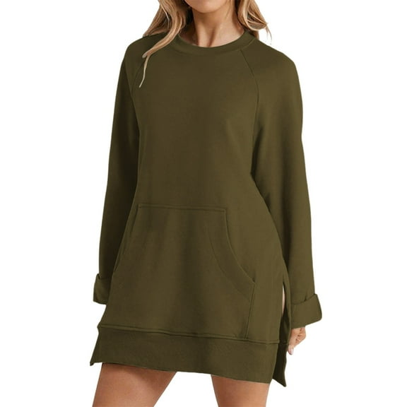 Duoif Fall Sweatshirts for Women Solid Color Round Neck Sweatshirt with Side Slit Pocket Womens Sweatshirt Green XXL