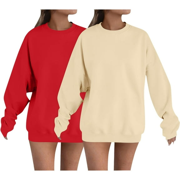 Duoif Fall Sweatshirts for Women, Women's 2Pc Round Neck Sweatshirt - Solid Color Long Sleeve Womens Sweatshirt Beige S