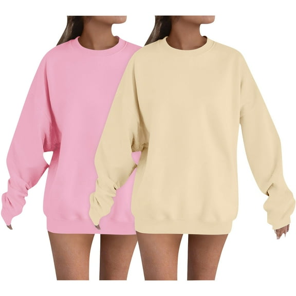 Duoif Fall Sweatshirts for Women, Women's 2Pc Round Neck Sweatshirt - Solid Color Long Sleeve Womens Sweatshirt Grey S