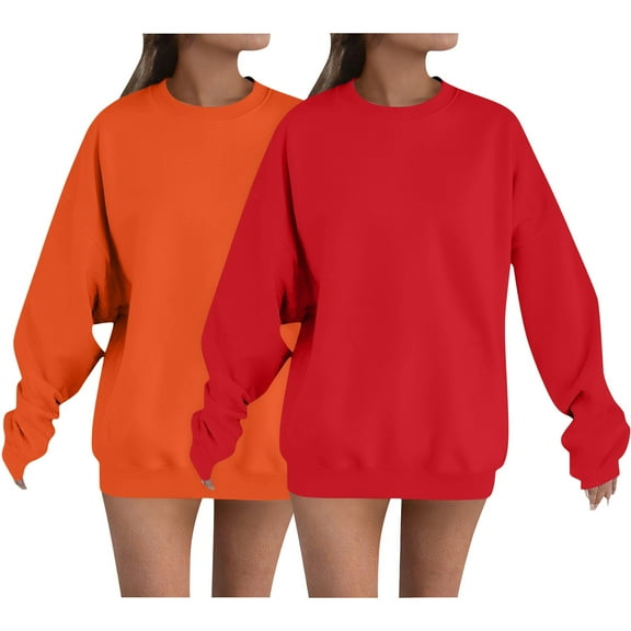 Duoif Fall Sweatshirts for Women, Women's 2Pc Round Neck Sweatshirt - Solid Color Long Sleeve Womens Sweatshirt Pink M